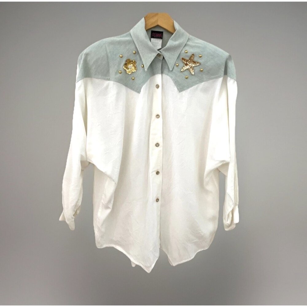 Vintage 80s Western Button Front Shirt Women’s Small White Oversized Sequin USA
